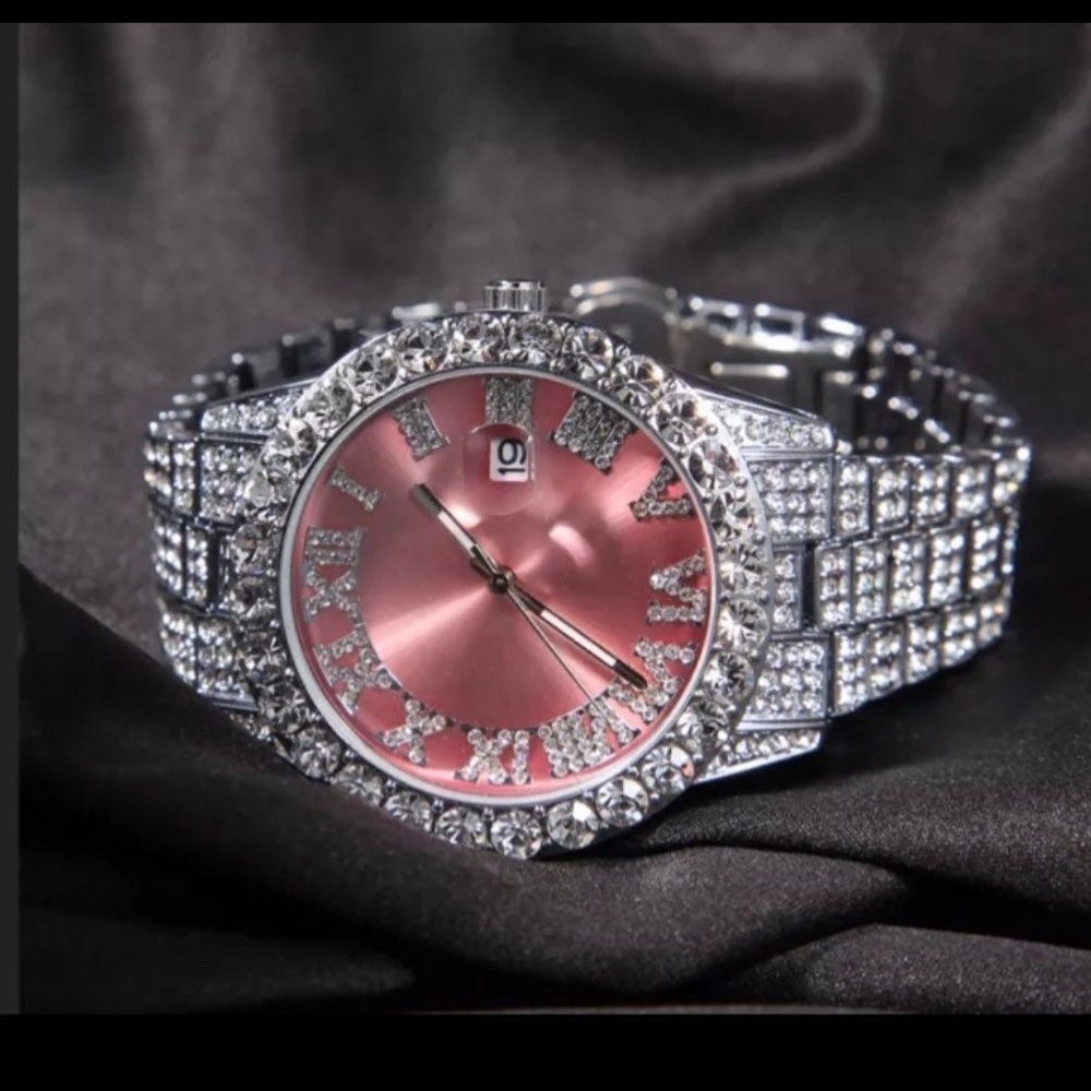 Silver pink watch ,THE HIP HOP Big Dial Full Iced Out ,Men Watches - Picture 5 of 5